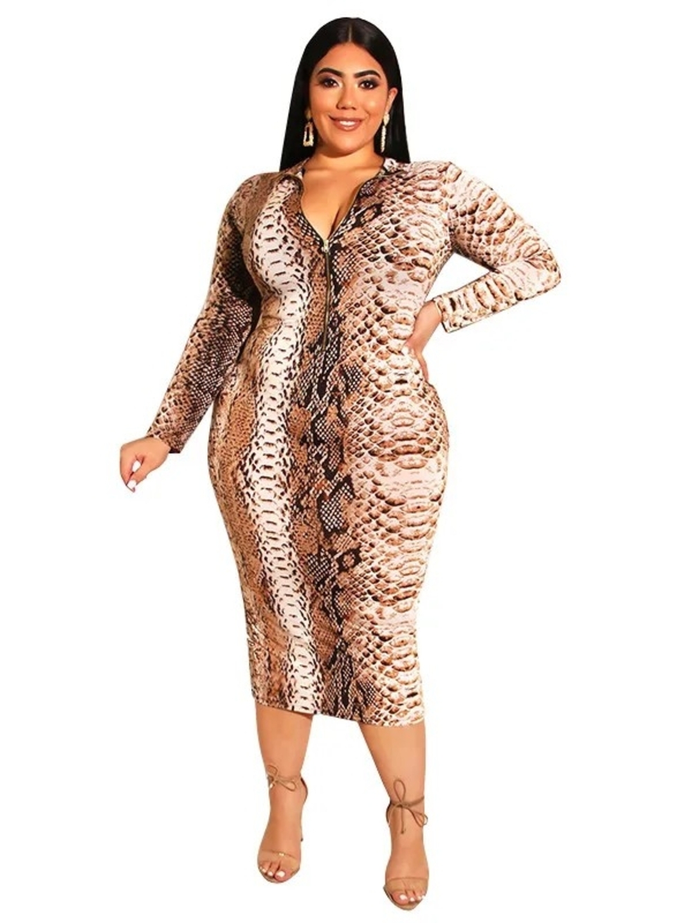 2Xl Plus Size Snake Print Zip-Front Long Sleeve Midi Dress - Brown Stretchy